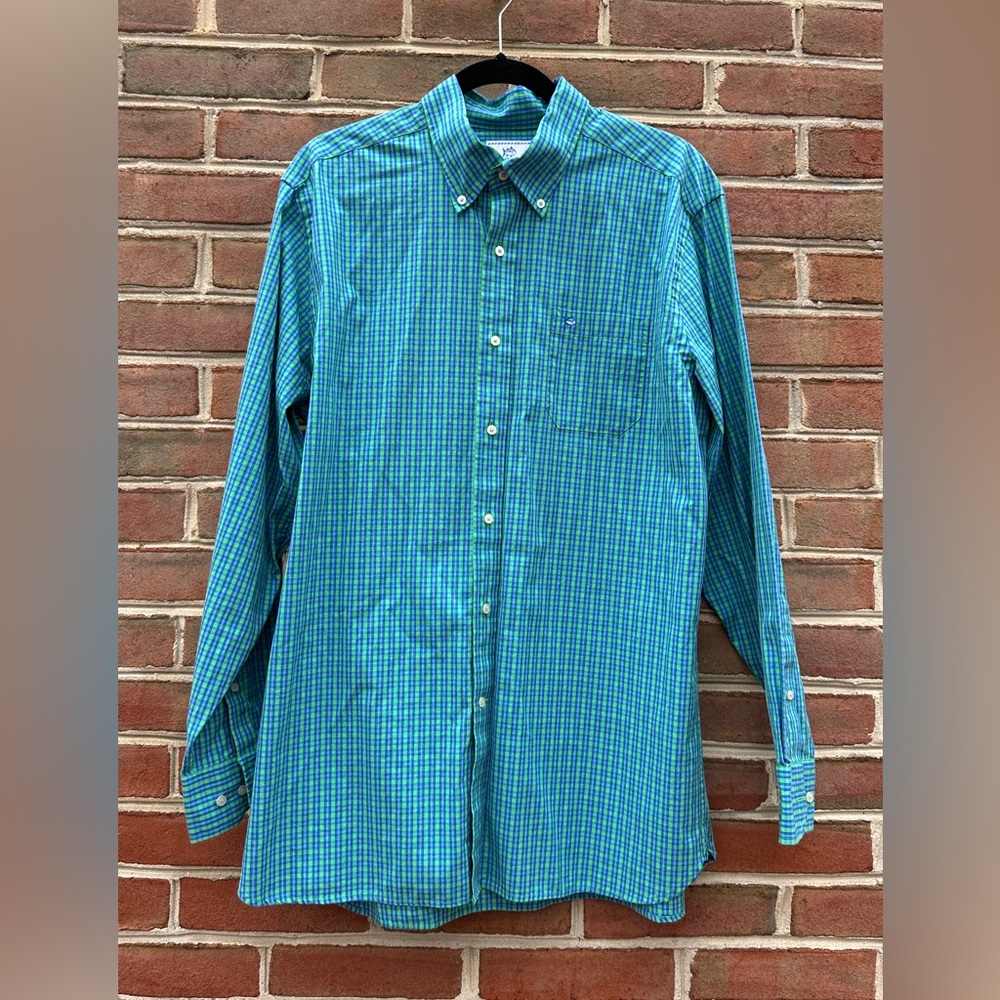 Southern Tide Plaid Button Down Shirt Mens Classic Fit Blue Green